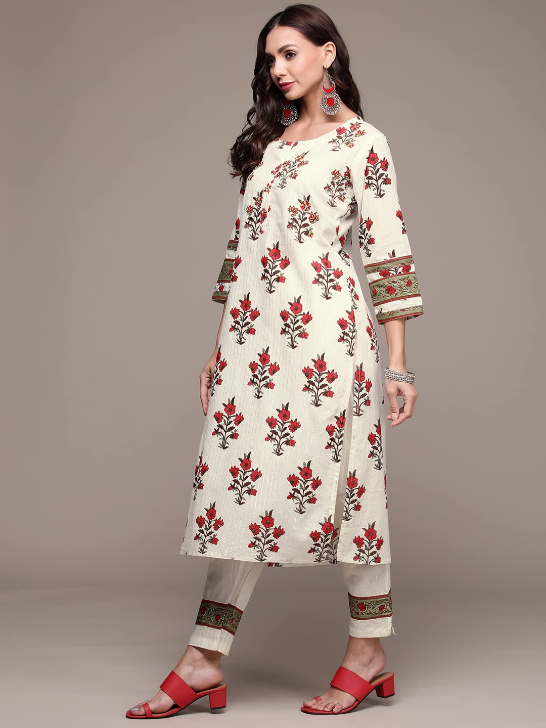 anubhutee Women's Cotton Off White Floral Printed Straight Kurta Suit Set With Pants And Dupatta