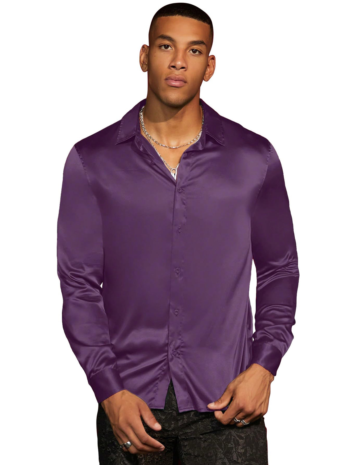 AVANOVA Mens Stylish Magenta Solid Satin Silk Casual Button Down Shirts Long Sleeve Shirt for Men Full Sleeves (Shirt 193 Magen