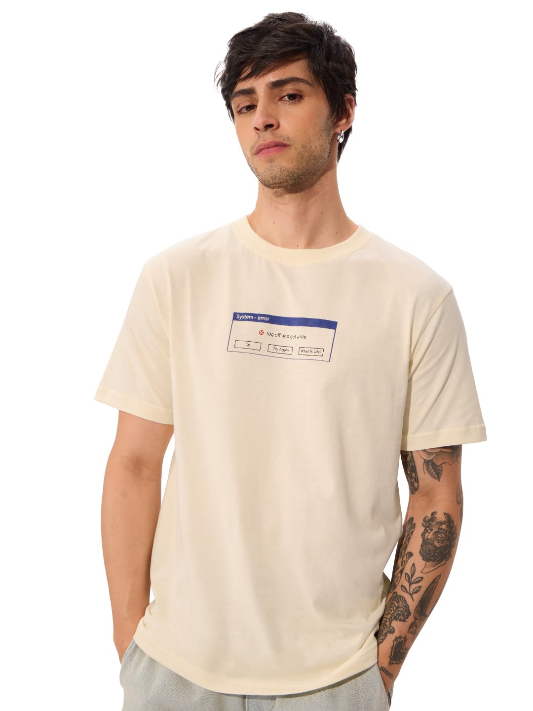The Souled Store Official Solids: Log Off Men and Boys Short Sleeve Round Neck Graphic Printed Regular Fit Cotton T-Shirts