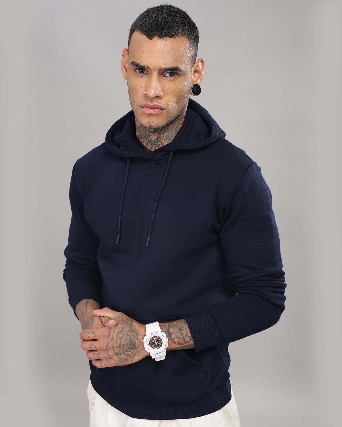 ADRO Men's Cotton Neck Hooded Sweatshirt (H-A-PLN-NB_Navy_2XL)