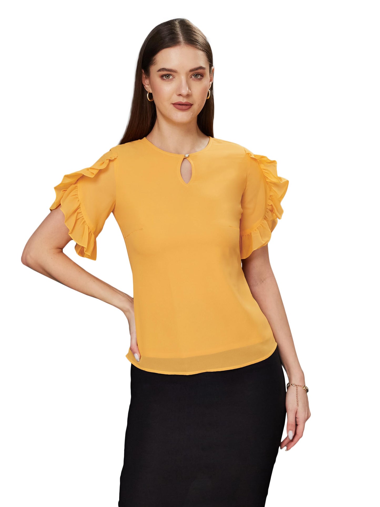 Miss Chase WomenS Solid Round Neck Half Sleeve Relaxed Fit Regular Top (Mcss23Tp99-47-183-03, Mustard, S)