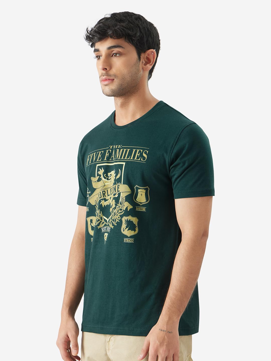 The Souled Store Official The Godfather: Five Families Men and Boys Round Neck Short Sleeve Green Graphic Printed Cotton Regular