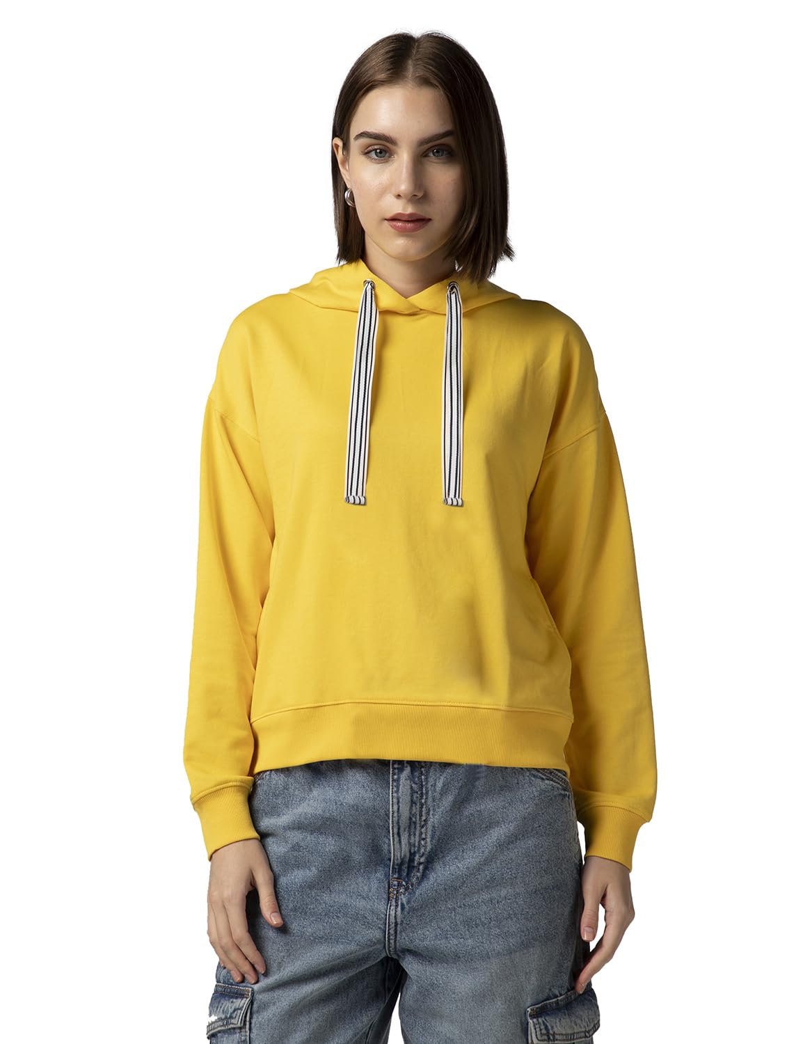 FYLTR Womens Casual Hoodie with Stripe Tape - Rib Hem & Cuff | Drop Shoulder | Casual Winterwear for Women Mellow Yellow