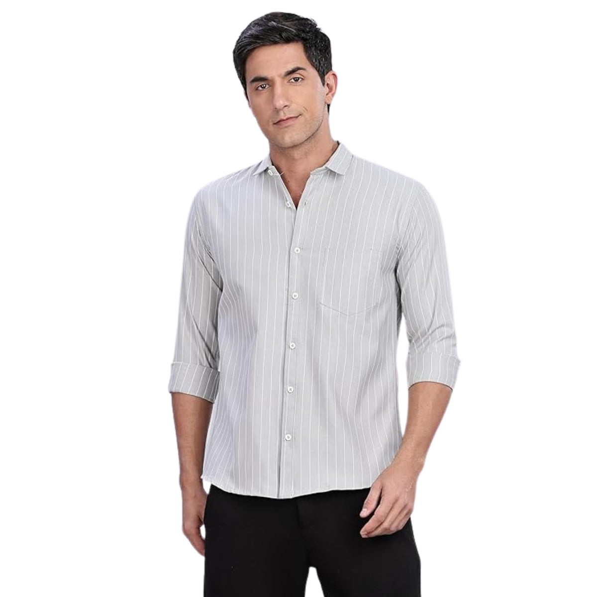 Mildin MenS Grey Pure Cotton Full Sleeve Spread Collar Regular Fit Striped Printed Formal Shirt With Patch Pocket (Grey Oxford