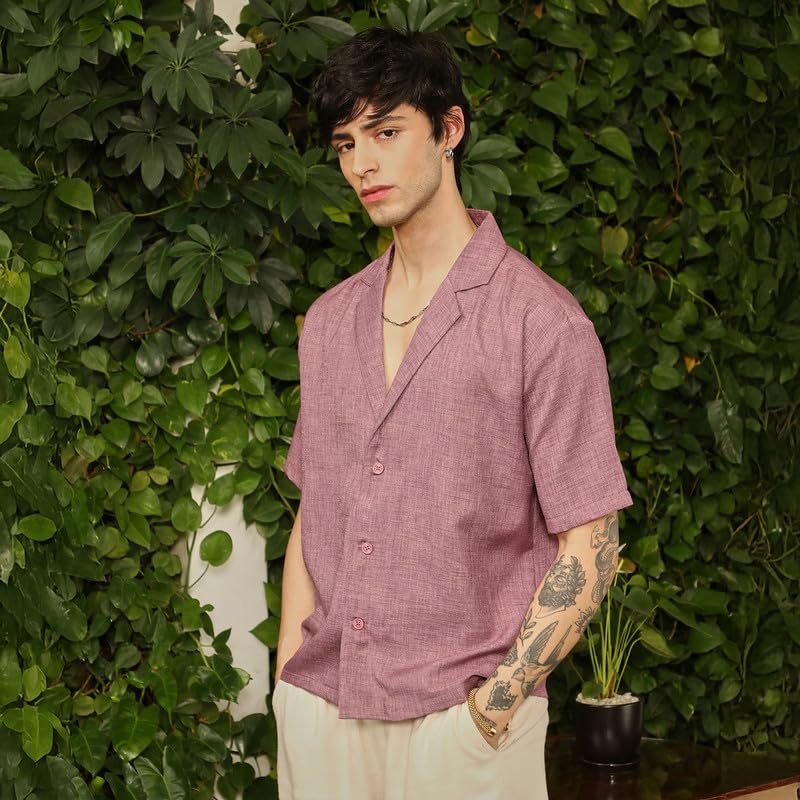 Campus Sutra Mens Brick Red Heathered Korean Oversized Shirt for Casual Wear | Lapel Collar | Short Sleeve | Button Closure | O