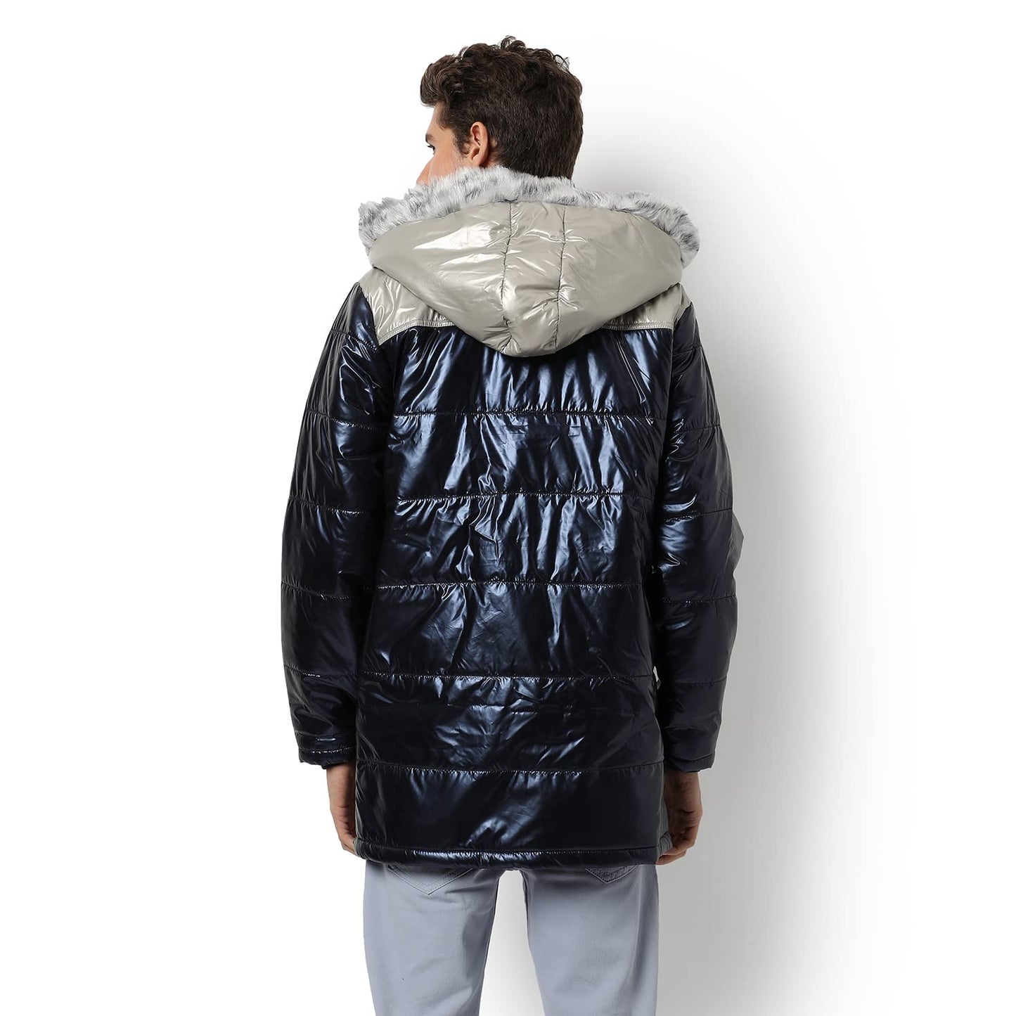 Campus Sutra Mens Black Colour-Blocked Puffer Regular Fit Bomber Jacket For Winter Wear | Hooded Collar | Full Sleeve | Zipper