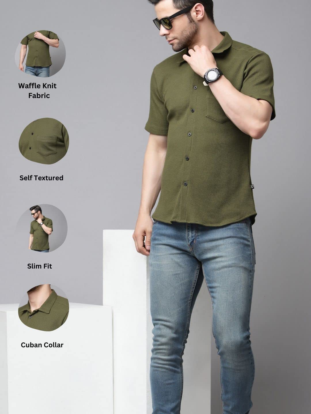 Rigo Waffle Knit Self-Textured Slim Fit Shirt for Mens | Half Sleeve Shirt for Men | Summer Shirts for Men Olive