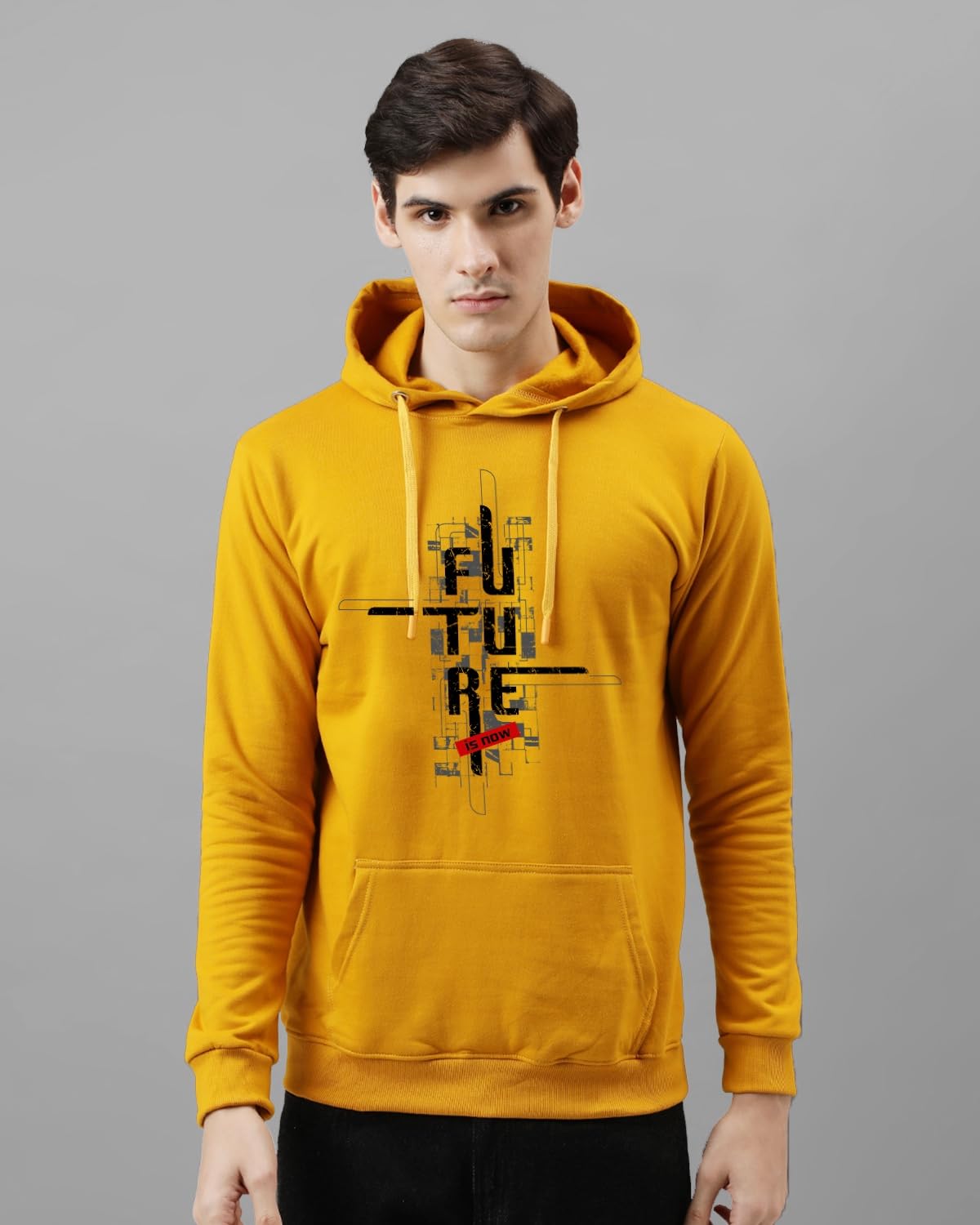ADRO Mens Cotton Blend Neck Hooded Sweatshirt (H24-FTR-MU_Mustard