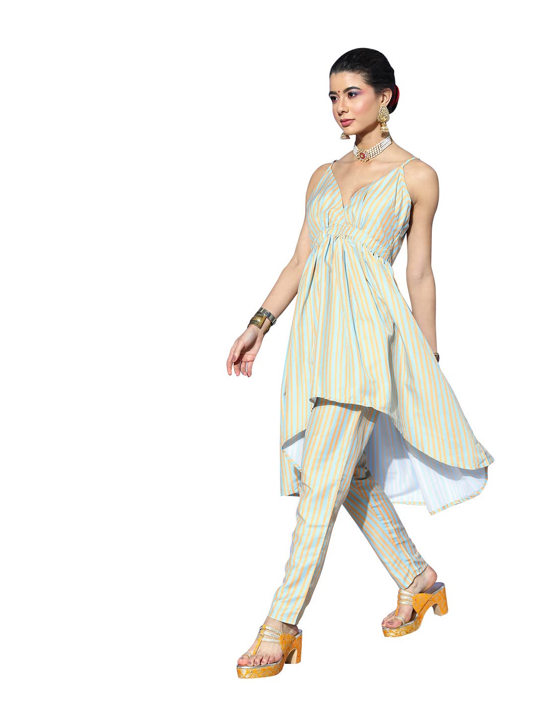 ZIYAA Women's Pista Green Chinon A-line Kurta And Pant Set(ZIKUCH3781ANDPA)