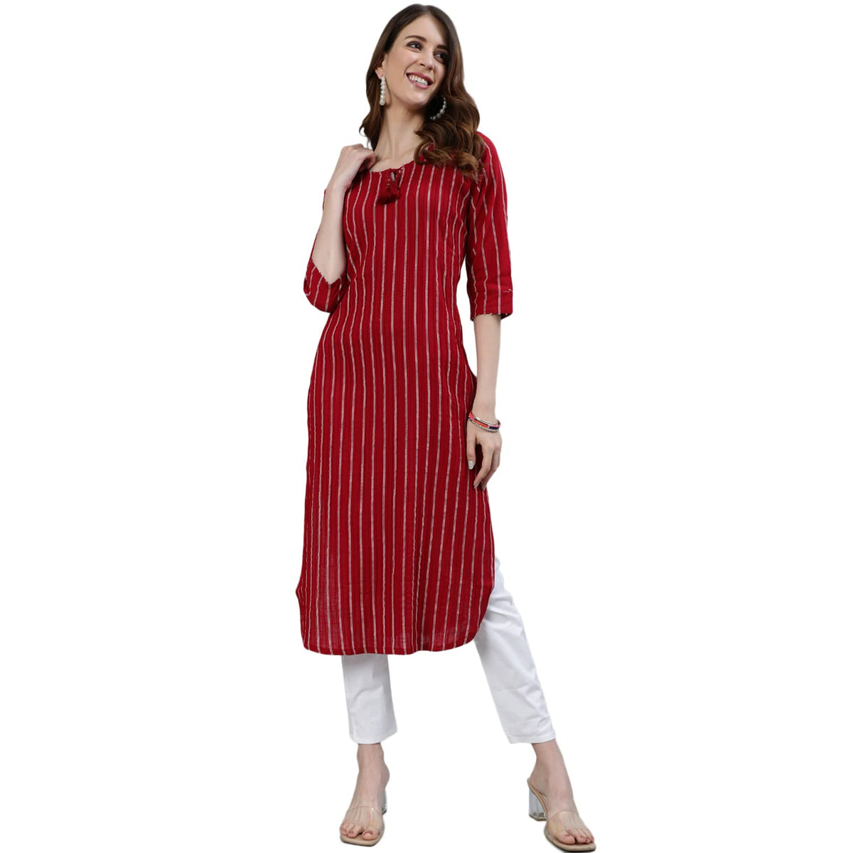 ishin Womens Cotton A-Line Embellished Beads and Stones Striped Print Red Kurti