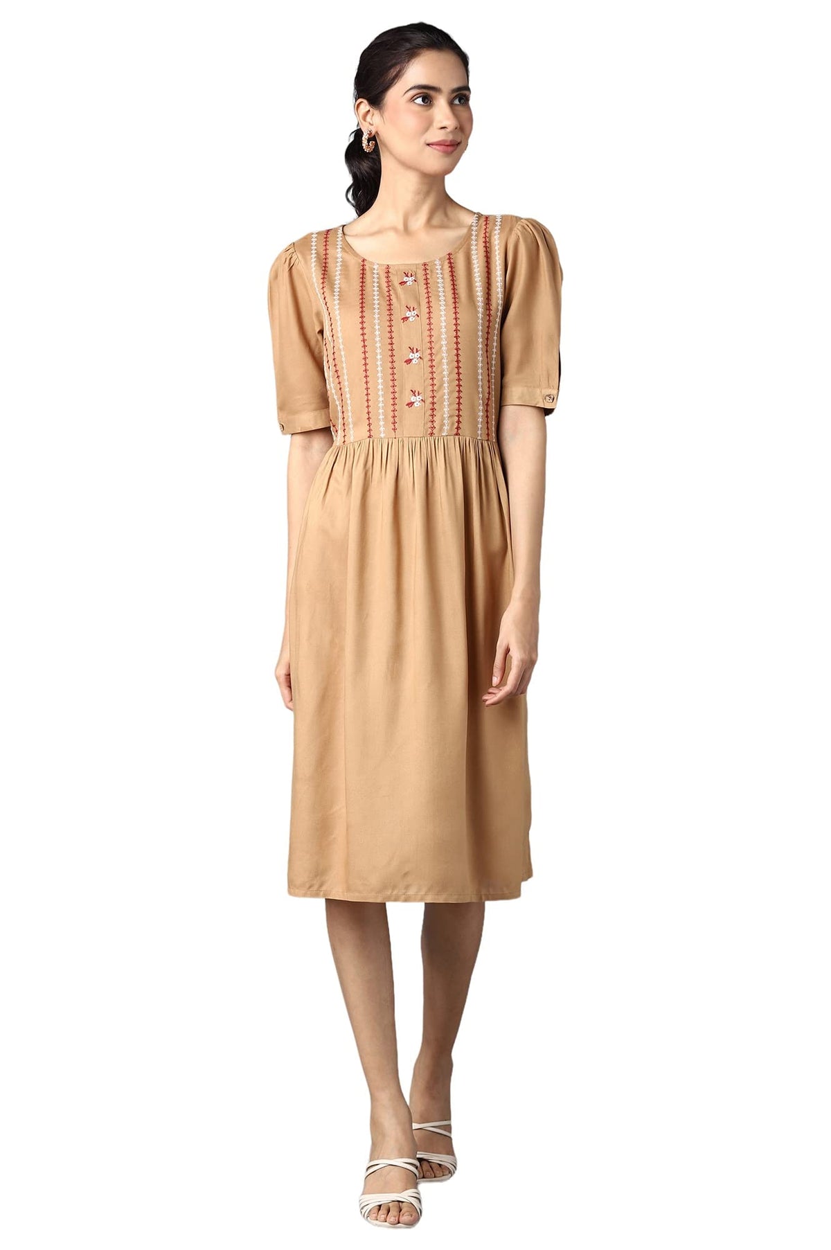 Aure Collection By Aurelia Beige Embroidered Dress With Gathers