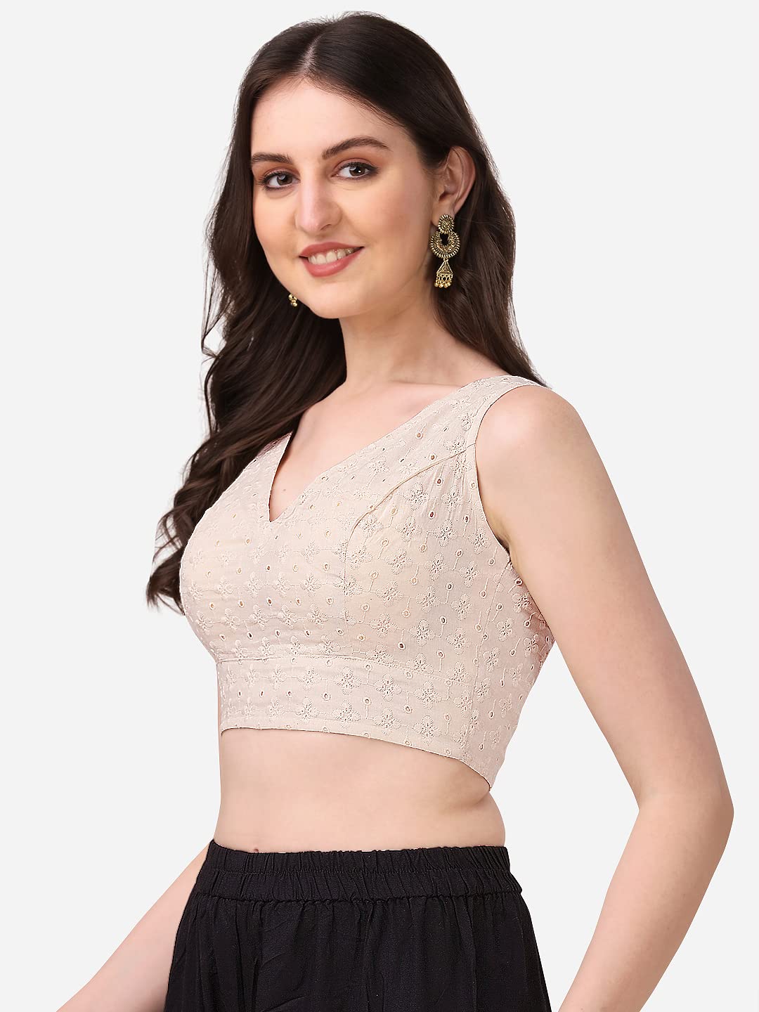 OOMPH! Womens Indian Ethnic Wear Designer Abstract Pattern V Neck Sleeveless Cotton Off-White Blouse for Saree or Lehnga and Bl