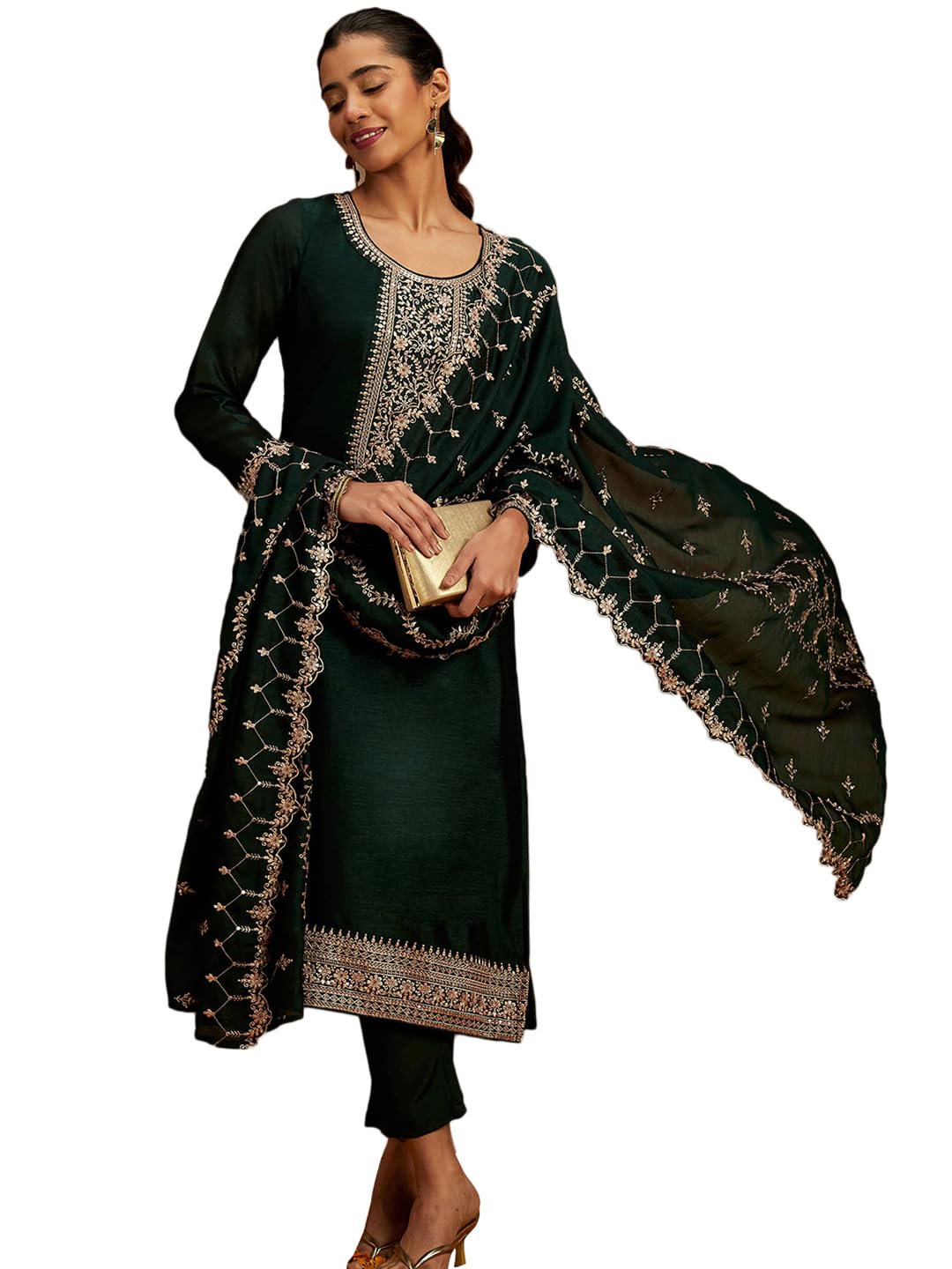 Libas WomenS Silk Blend Kurta Sets (48172_Bottle Green