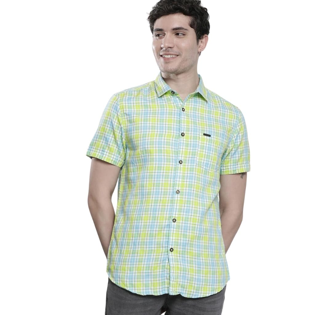 The Indian Garage Co Men Green & Blue Checkered Slim Fit Casual Shirt