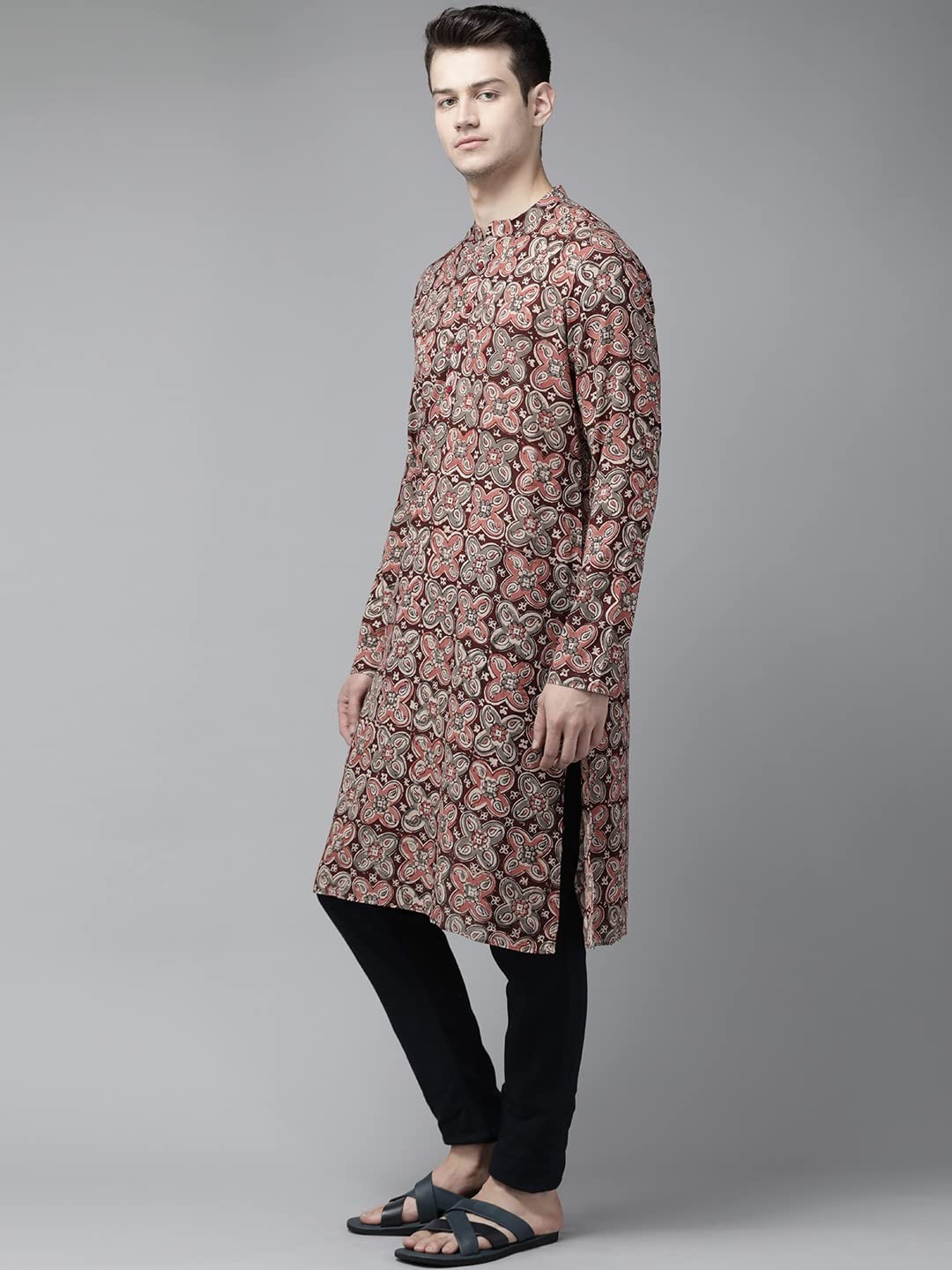 See Designs Men Maroon and Beige Kalamkari Block Printed Straight Sustainable Kurta