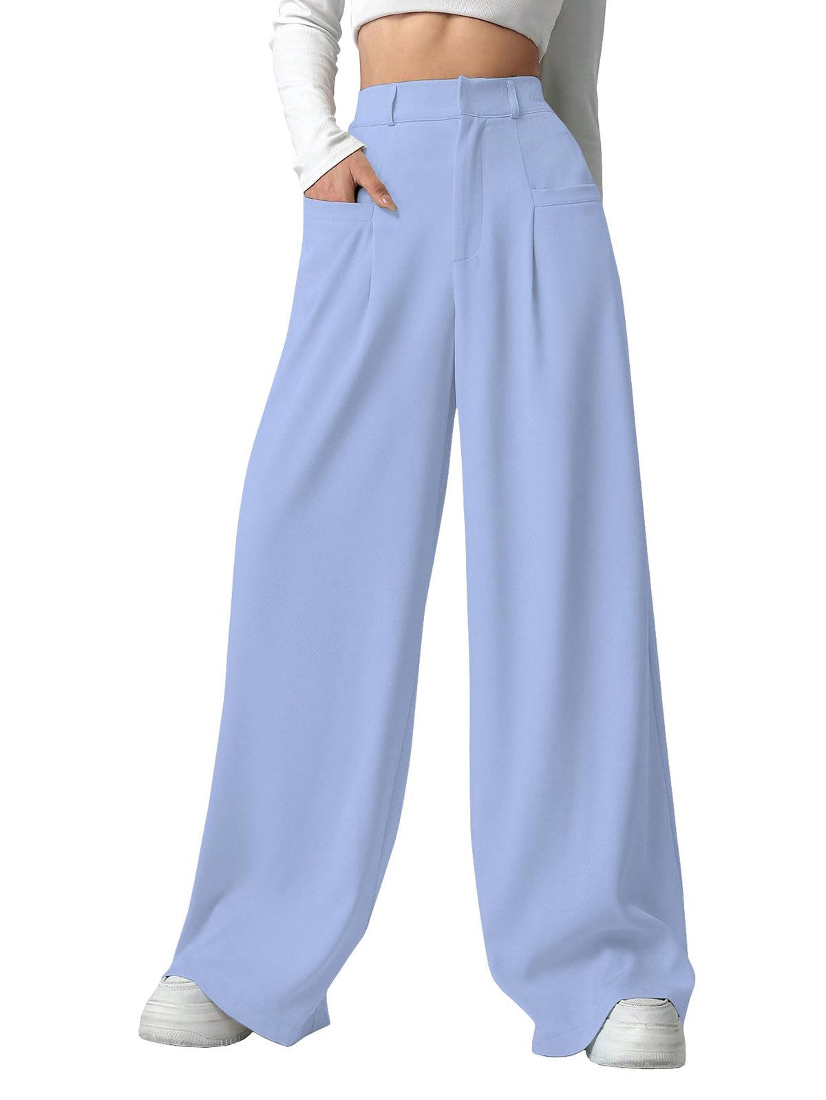 Shasmi Women & Girls Solid Sky Blue Color Loose Fit, Pleated Trousers, Wide Leg Pocket Casual Long Korean Trousers Pant (Pant 14
