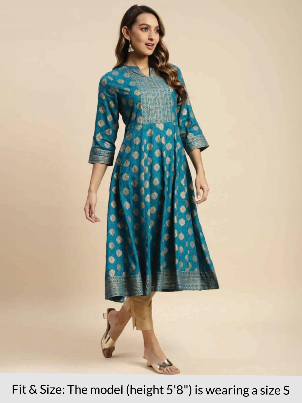 rangita Teal Rayon Calf Length Printed Flared Kurti for Women | Kurta for Women