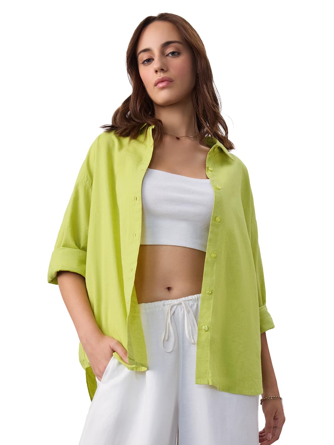 The Souled Store Solids: Moss Green Women Oversized Fit Full Sleeves Cotton Linen Boyfriend Shirts Casual Button-Down Half Sleev