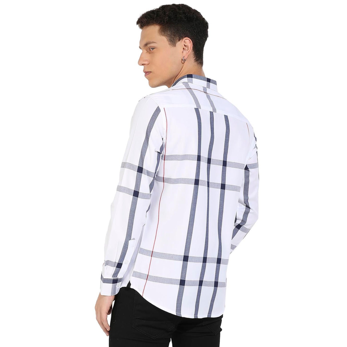 Campus Sutra Mens Tartan Plaid White Button Up Regular Fit Shirt for Casual Wear, Cotton Twill Spread Crafted with Regular Slee