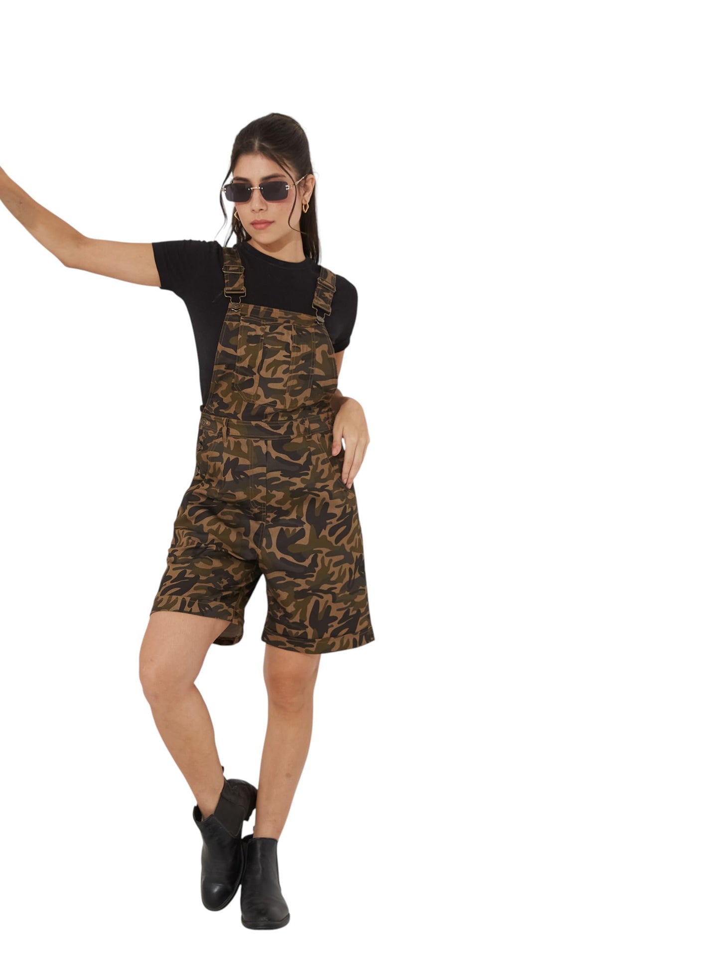 Miss Chase WomenS Square Neck Camouflage Short Dungaree Knee-Long Cotton Dungaree (Mcss25D16-79-560-06, Multicolored Base Olive,
