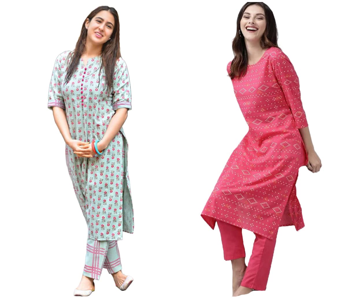 ANNI DESIGNER Women's Cotton Blend Printed Straight Kurta with Pant Pack of 2 (Combo-Disini-Excel Pink)