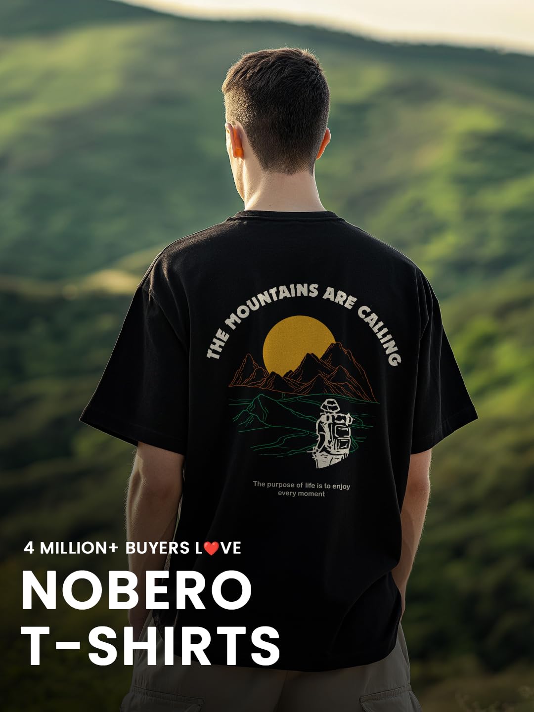 Nobero MenS Graphic Print Oversized Fit T-Shirt (1M-Twrt-C1018-Bl_Mountains Are Calling-Black