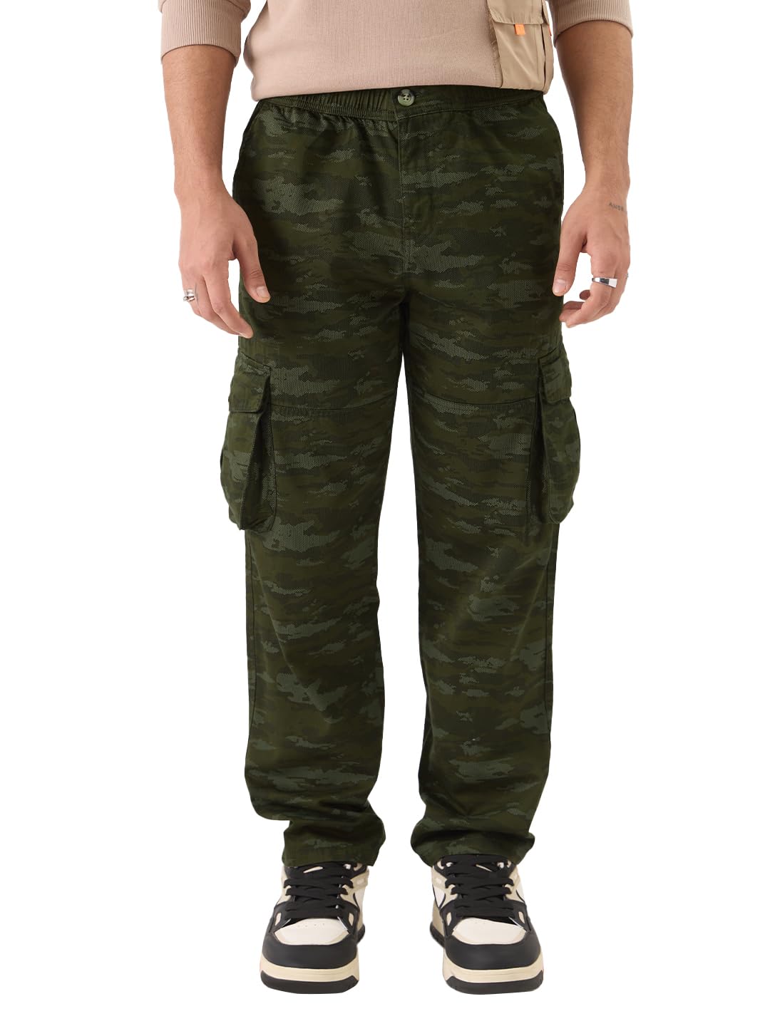 The Souled Store Solids: Light Olive Men and Boys Camouflage Print Regular Fit Cotton Cargo Pants