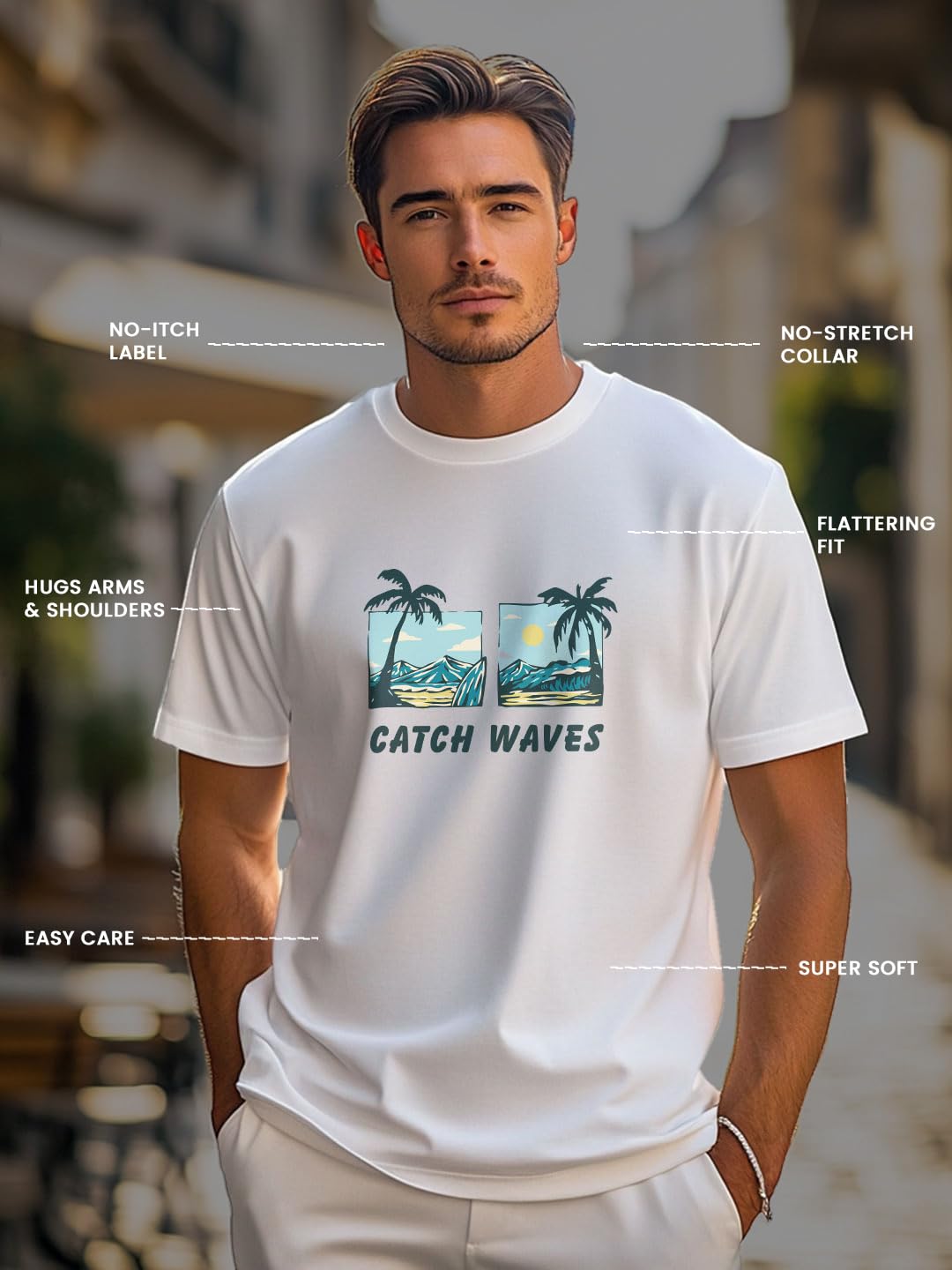 Nobero MenS Graphic Print Regular Fit T-Shirt (1M-Twts-C1030-Sa_Catch Waves-White