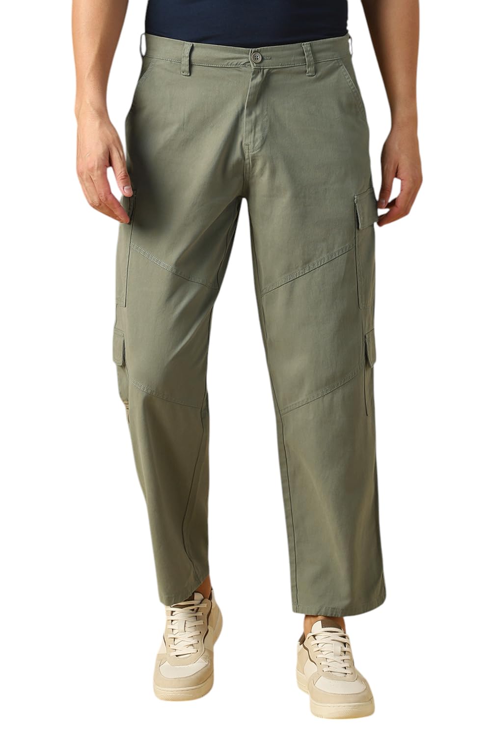 Dennis Lingo Mens Sage Solid Cotton Loose Fit Cargo Trouser
