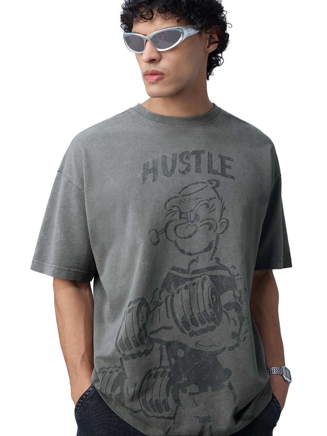 The Souled Store Popeye: Hustle Men and Boys Short Sleeves Round Neck Grey Graphic Printed Cotton Oversized T-Shirts