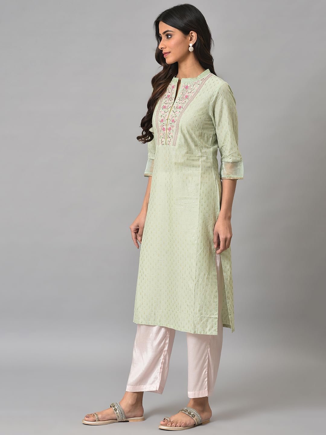 W for Woman Light Green Embroidered Kurta in Round Neck