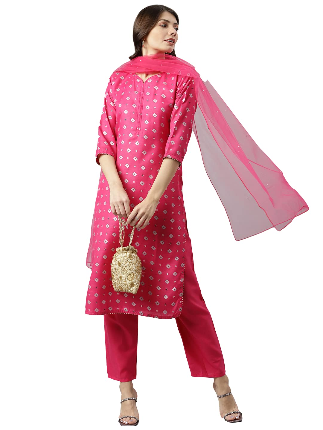 ANNI DESIGNER Womens PolyCotton Straight Printed Kurta with Pant & Dupatta (Parveena Pink_L_NEW01_Pink_Large)