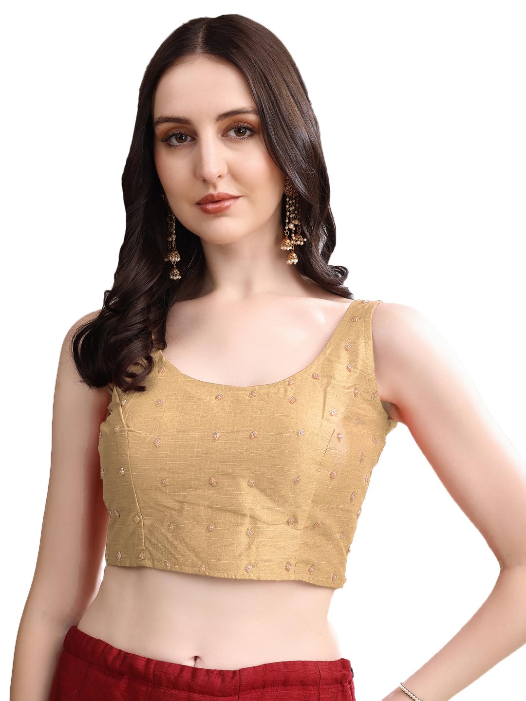 Pujia Mills Womens Square Neck Silk Sleeveless with Stone Readymade Blouse