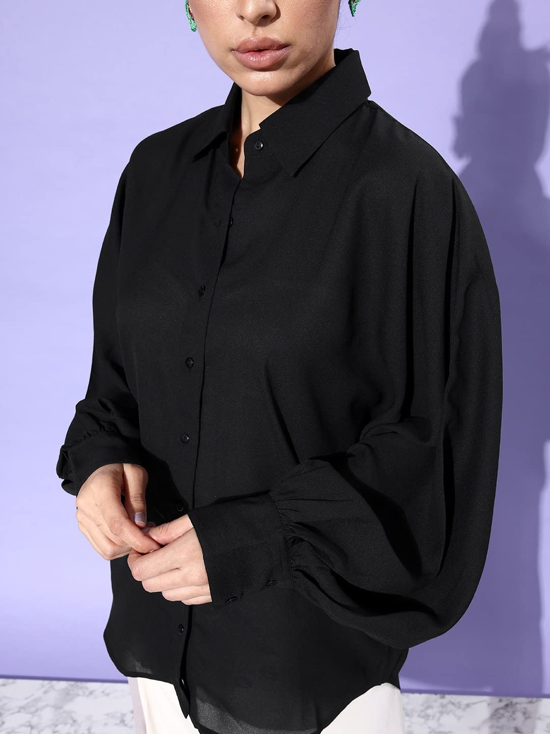 Style Quotient Women Solid Black Polyester Smart Casual Oversized Shirt