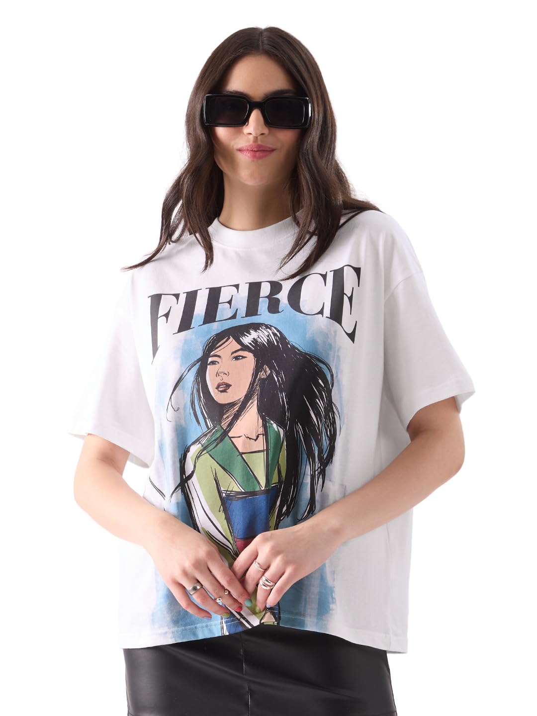 The Souled Store Mulan: Fierce Womens Oversized Fit Graphic Printed Half Sleeve Cotton White Women Oversized T-Shirts Women Over