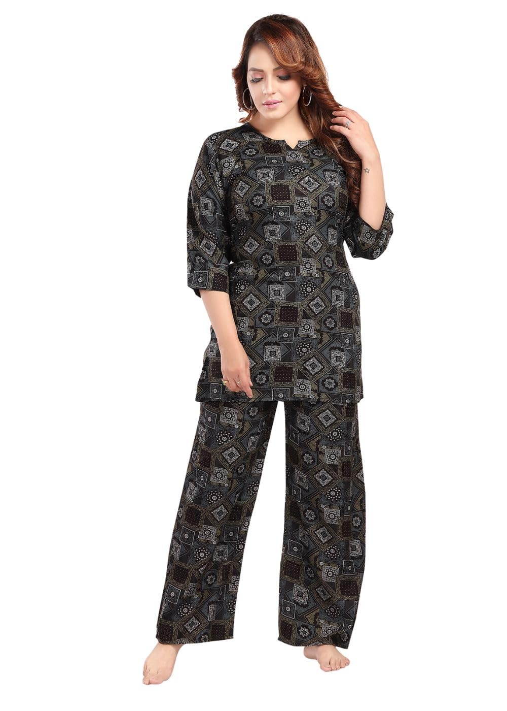 Fabme WomenS Geomatric Print, Chocolate, All Over Print Rayon Coord Set