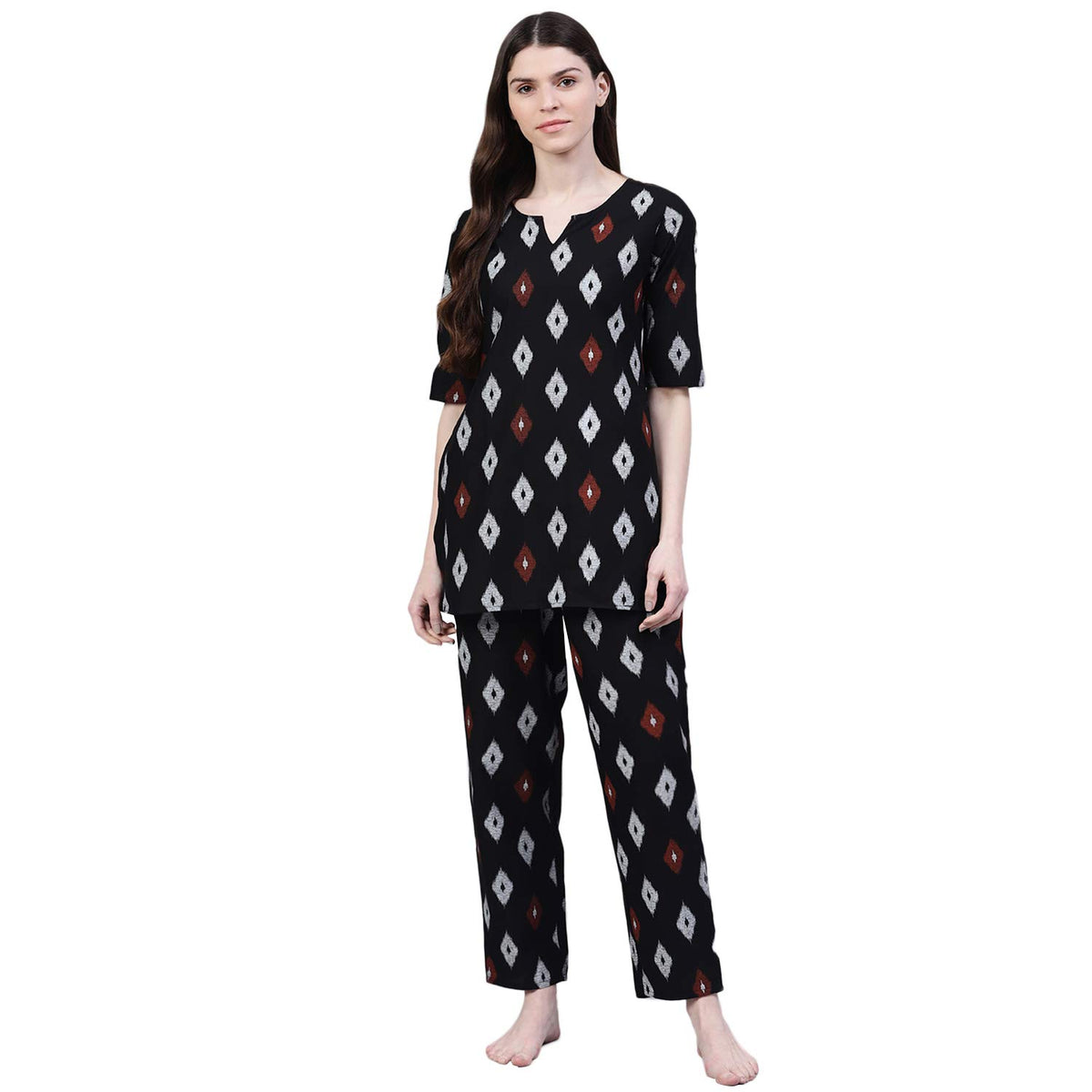 Stylum Womens Cotton Block Print Night Suit Set Black