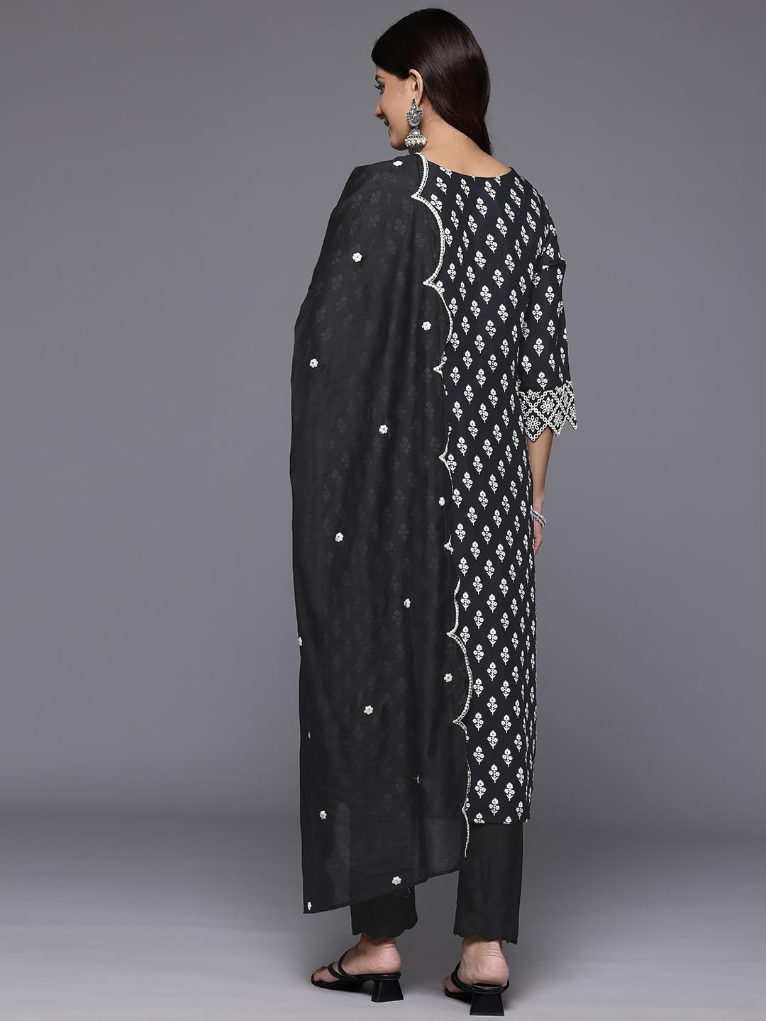 Varanga Women Black Printed Shiffly Work Kurta With Bottom And Dupatta