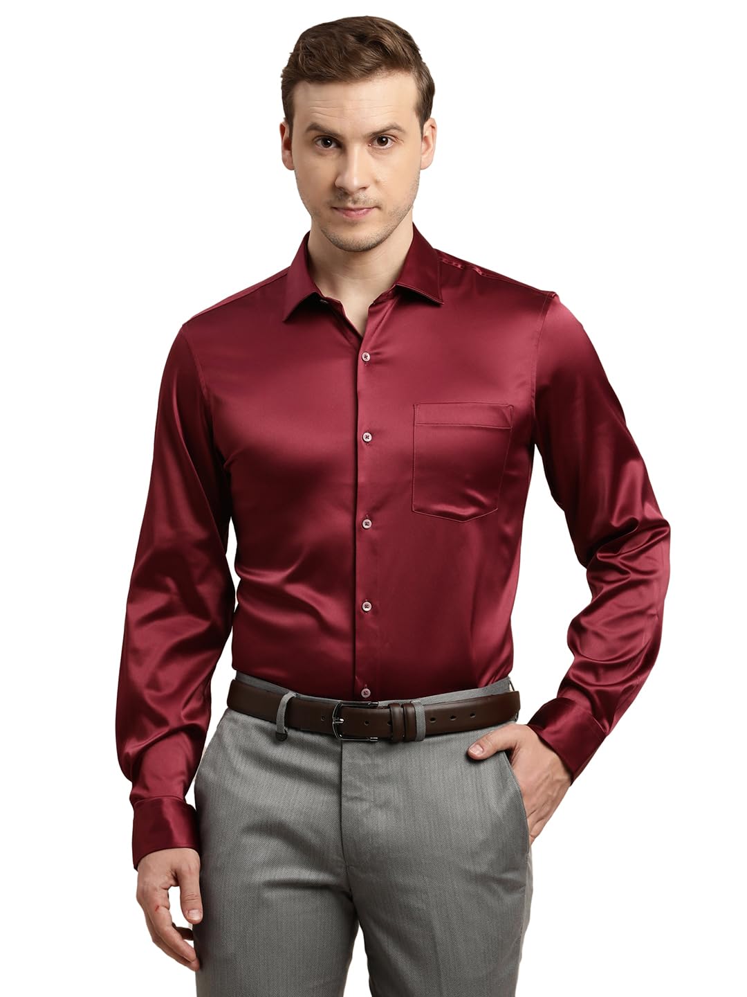 Turtle Men Poly Satin Maroon Solid Slim Fit Full Sleeve Ceremonial Shirt