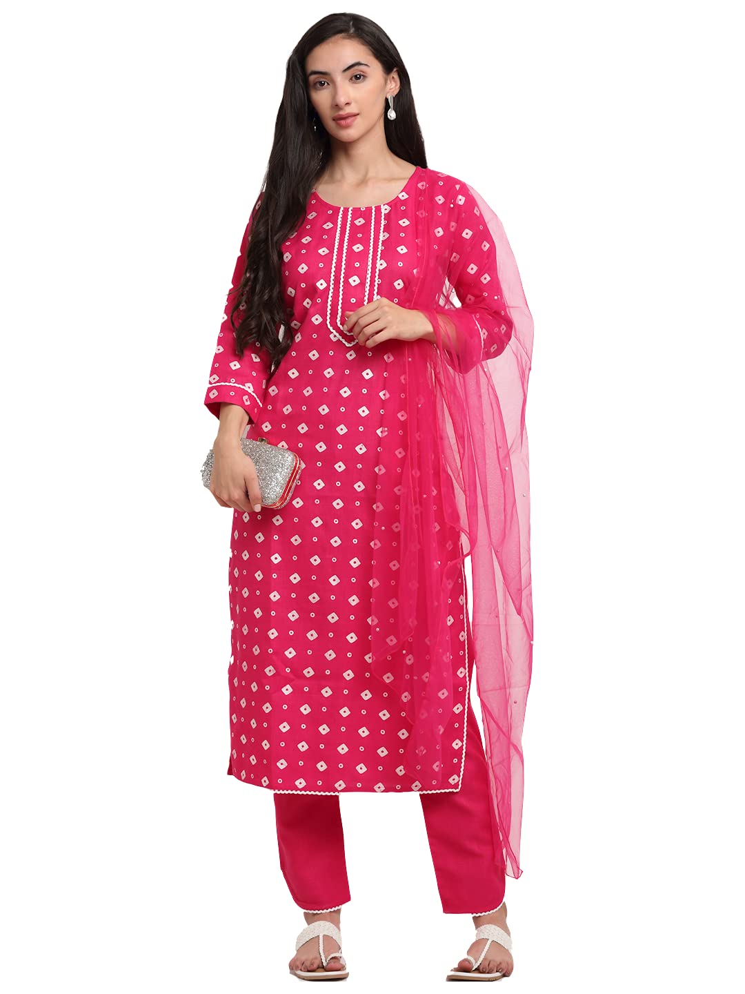ANNI DESIGNER Womens Cotton Straight Kurta with Pant & Dupatta (SONA Pink)
