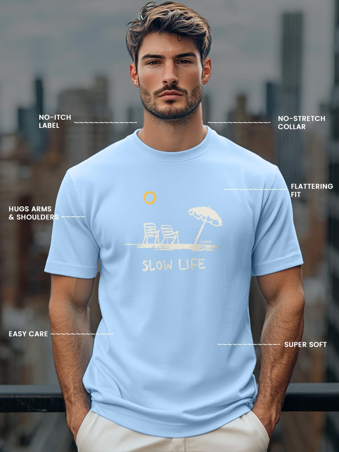 Nobero MenS Graphic Print Regular Fit T-Shirt (1M-Twts-C1042-Ag_Slow Lif-Powder Blue