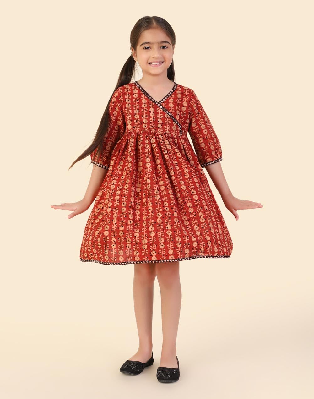 Fabindia Girls Red Printed V-Neck A-Line Dress