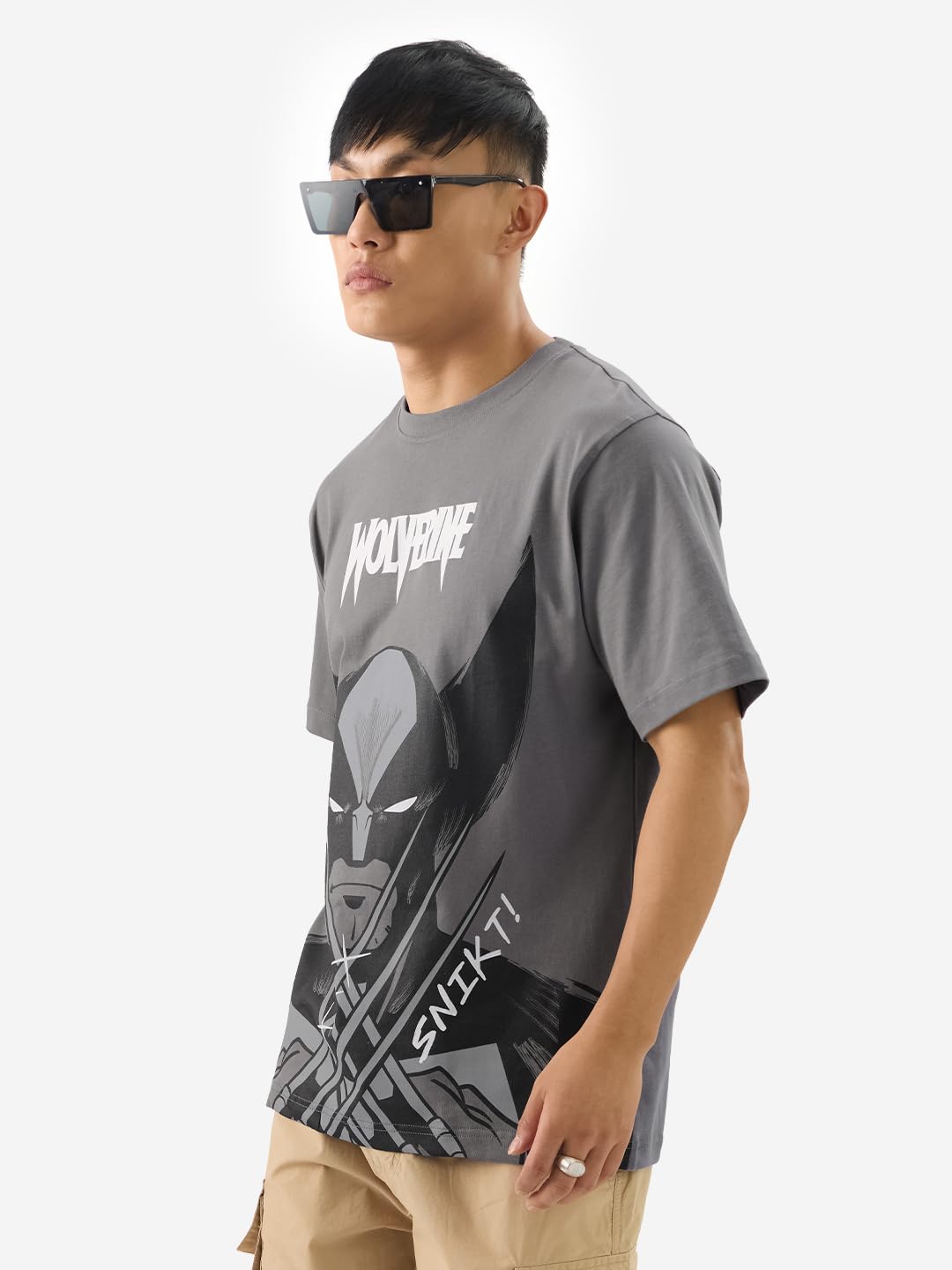 The Souled Store Official Wolverine: Clawed Men and Boys Short Sleeve Round Neck Grey Graphic Printed Cotton Oversized T-Shirt