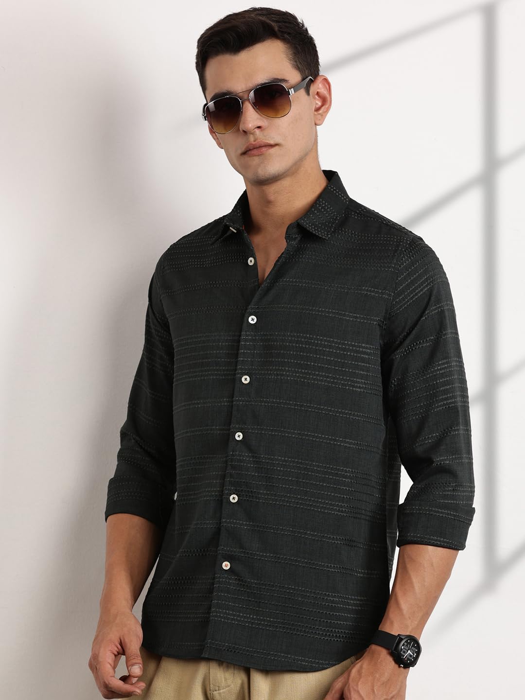 Thomas Scott Long Sleeve Embroderied Casual Shirt for Men Olive