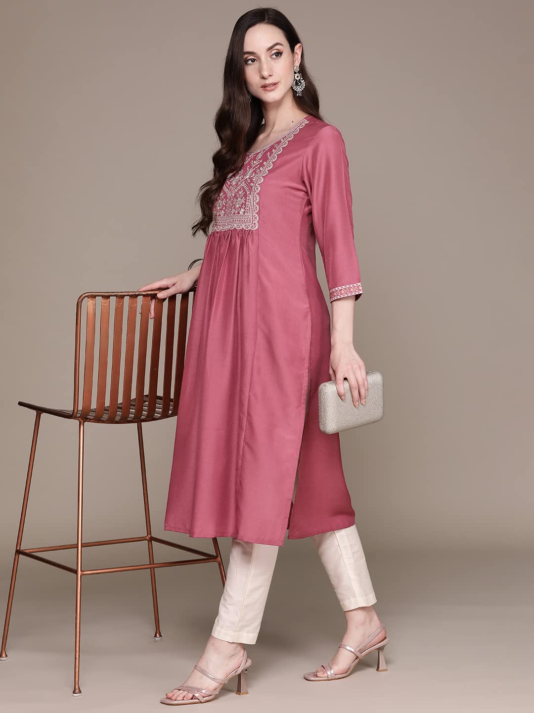 anubhutee Women's Silk Mauve Zari Work Woven Design Embroidered A-Line Kurta