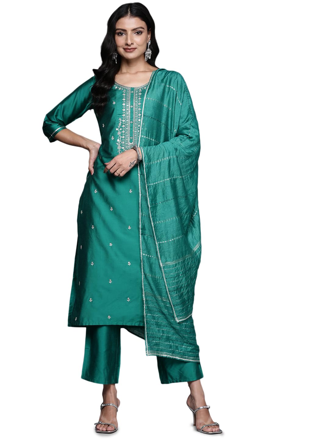 Libas WomenS Silk Blend Kurta Sets (Gs877_Green