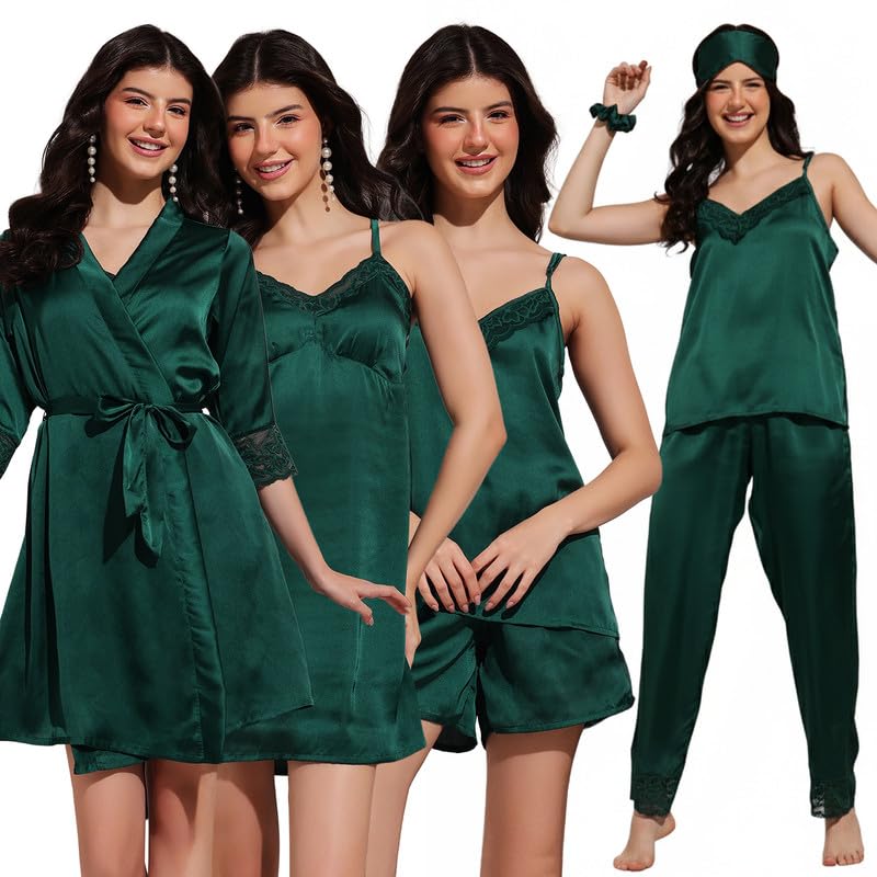 Clovia Womens 5 Pcs Satin Bridal Nightwear Set (NS6545R17_Green_L)