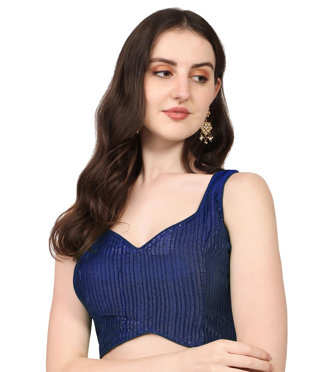 Vihu Fashion WomenS Multicolor Sweetheart Neck Georgette Line Soft Sequence Zari Work Sleeves Readymade Saree Blouse (Navy Blue