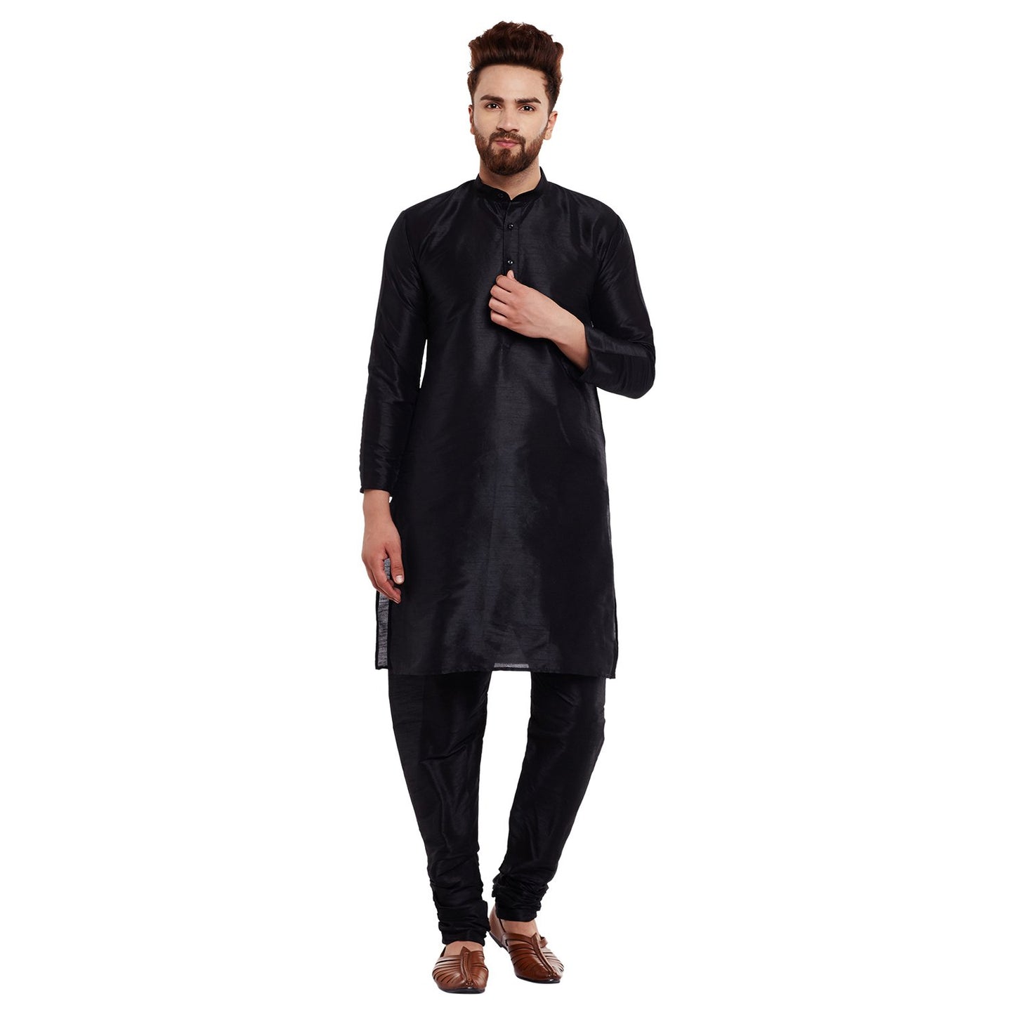 SOJANYA (Since 1958 Men's Black Silk Blend Kurta & Churidaar Pyjama Set Size M