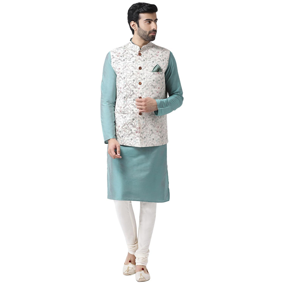 Kisah Men Green White Printed Kurta With Churidar, Full Sleaves, Knee Length, Straight, Regular Fit, Mandarin Collar Ethnic Wear